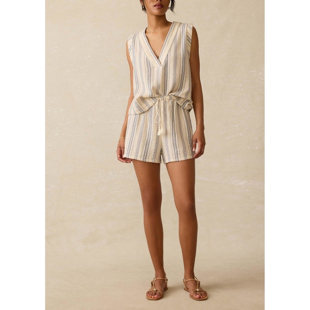 FAHERTY Dune Cotton Gauze Drawstring Shorts Womens Small Aqua Sea Stripe NEW